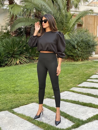 Siyah Geniş Kemerli Çelik Örme Kadın Tayt