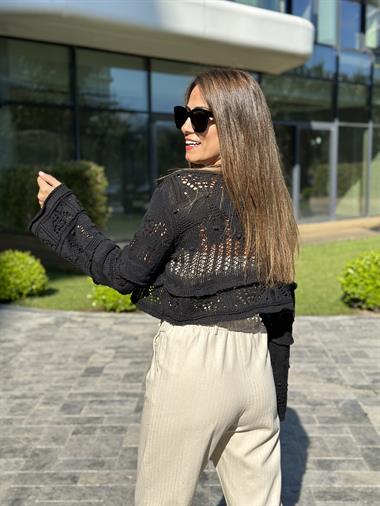 Siyah Geniş Kol Bağcıklı Triko Kadın Hırka