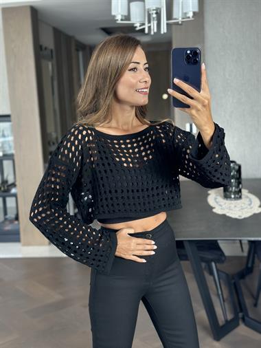 Siyah File Geniş Kol Triko Kadın Crop Bluz