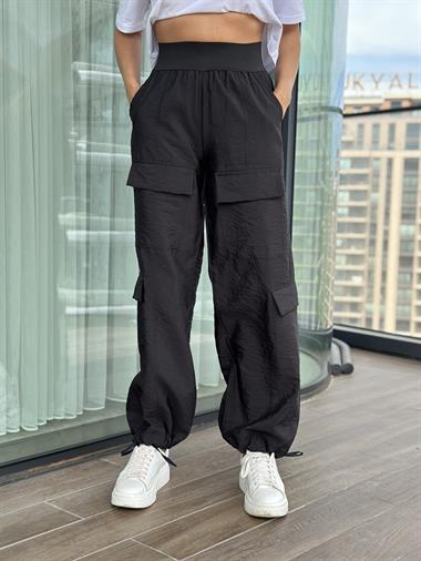 Siyah Geniş Lastikli Kargo Cep Paraşüt Kadın Pantolon