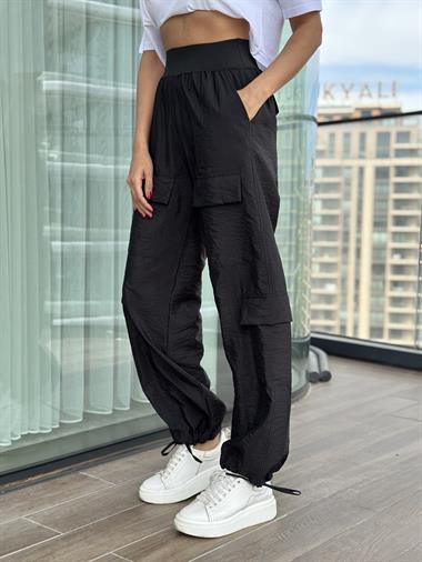 Siyah Geniş Lastikli Kargo Cep Paraşüt Kadın Pantolon