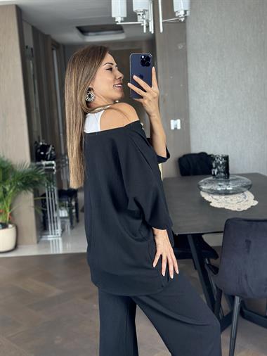 Siyah Geniş Paça Armalı Bürümcük Üçlü Kadın Takım