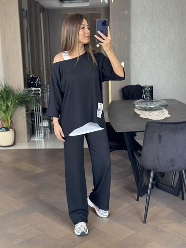 Siyah Geniş Paça Armalı Bürümcük Üçlü Kadın Takım