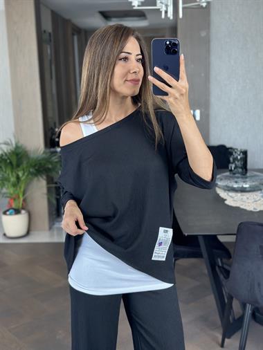 Siyah Geniş Paça Armalı Bürümcük Üçlü Kadın Takım