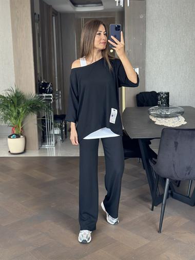 Siyah Geniş Paça Armalı Bürümcük Üçlü Kadın Takım