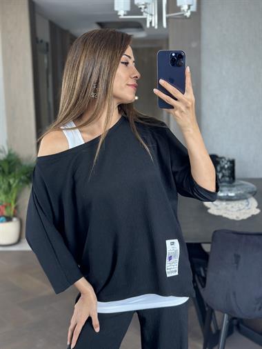 Siyah Geniş Paça Armalı Bürümcük Üçlü Kadın Takım