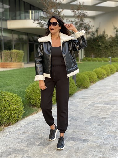 Siyah Geniş Yaka Kıvırcık Deri Kadın Mont