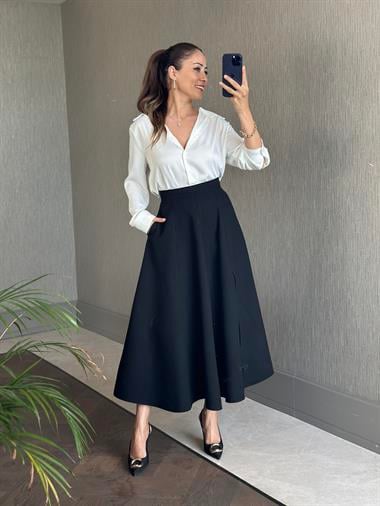 Siyah Godeli Yandan Yırtmaçlı Cepli Kadın Midi Boy Etek