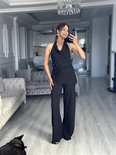 Siyah Gofre Degaje Yaka Bluz Pantolon Kadın Alt Üst Takım