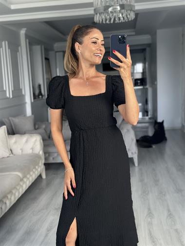 Siyah Gofre Sırtı Lastik Bağlamalı Midi Boy Kadın Elbise