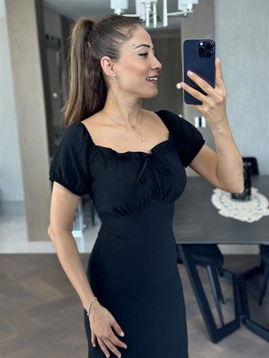 Siyah Göğsü Fırfırlı Aerobin Kadın Elbise
