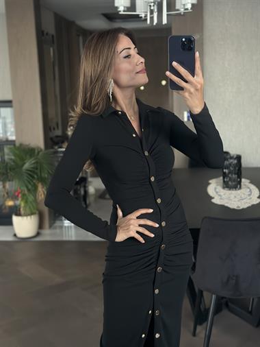 Siyah Gold Çıtçıt Düğmeli Önü Büzgülü Kadın Gömlek Elbise 