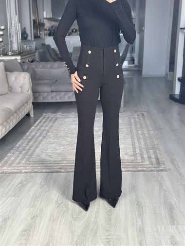 Siyah Gold Düğme Detaylı İspanyol Kadın Pantolon