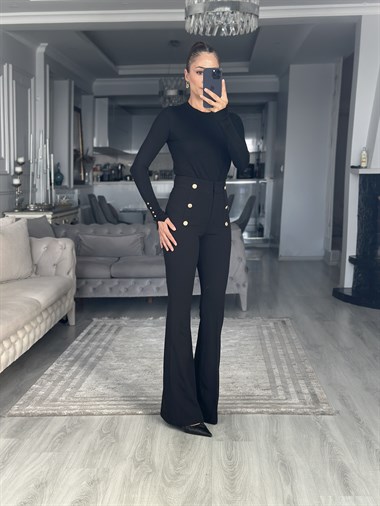 Siyah Gold Düğme Detaylı İspanyol Kadın Pantolon