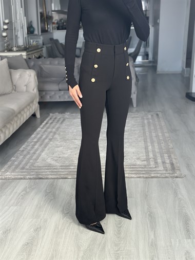 Siyah Gold Düğme Detaylı İspanyol Kadın Pantolon
