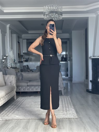 Siyah Gold Düğmeli Kemerli Peplum Midi Boy Kadın Elbise