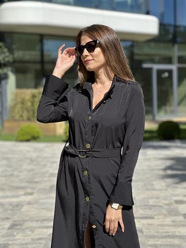 Siyah Gold Düğmeli Kuşaklı Midi Boy Kadın Gömlek  Elbise