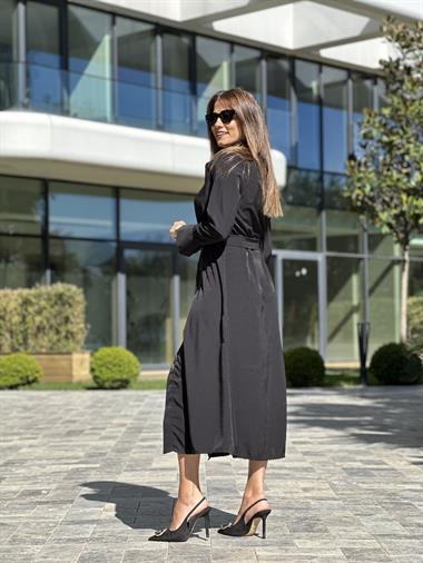 Siyah Gold Düğmeli Kuşaklı Midi Boy Kadın Gömlek  Elbise