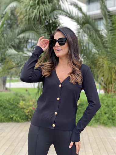 Siyah Gold Düğmeli Triko Kadın Hırka 