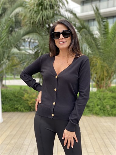Siyah Gold Düğmeli Triko Kadın Hırka 