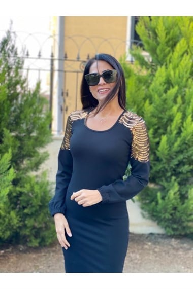 Siyah Gold Pullu Elbise