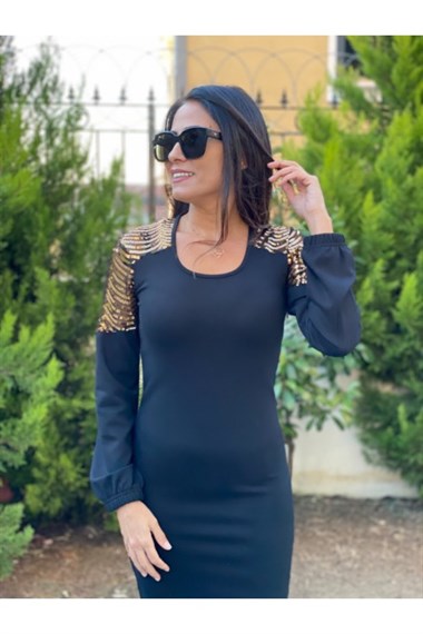 Siyah Gold Pullu Elbise