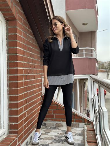 Siyah Gömleği Çizgi Detay Modal Kadın Sweatshirt