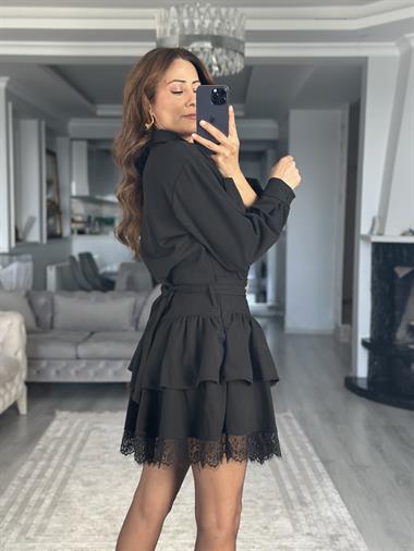 Siyah Gömlek Yaka Eteği Dantelli Kemerli Mini Kadın Elbise 