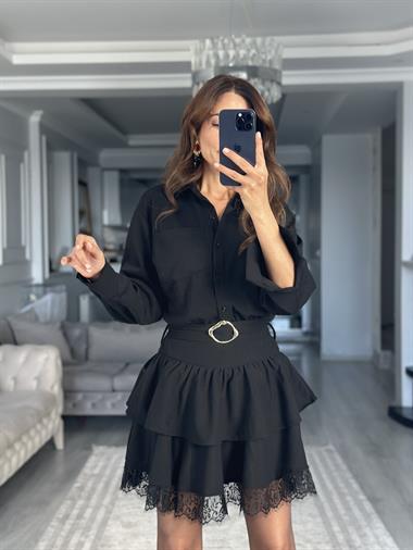 Siyah Gömlek Yaka Eteği Dantelli Kemerli Mini Kadın Elbise 