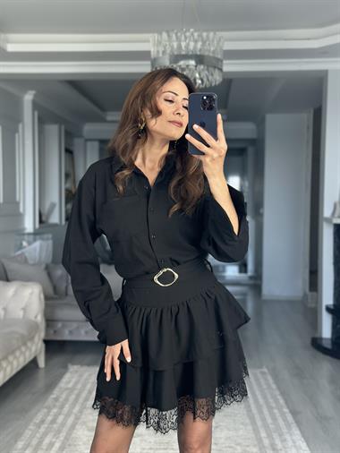 Siyah Gömlek Yaka Eteği Dantelli Kemerli Mini Kadın Elbise 
