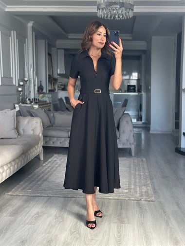 Siyah Gömlek Yaka Önden Fermuarlı Kemerli Midi Boy Kadın Gömlek Elbise