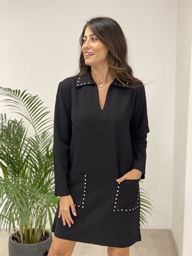 Siyah Polo Yaka Troklu Krep Kadın Elbise