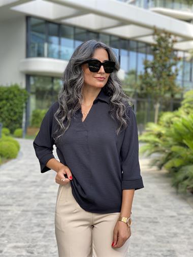 Siyah Gömlek Yaka Yarasa Kol Aerobin Kadın Bluz