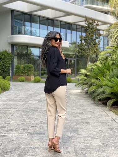 Siyah Gömlek Yaka Yarasa Kol Aerobin Kadın Bluz