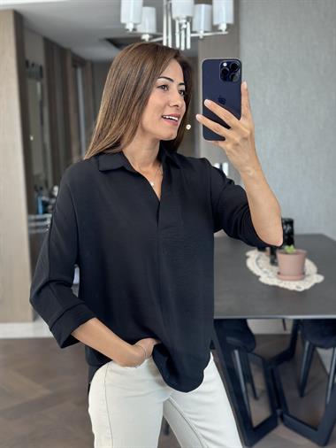 Siyah Gömlek Yaka Yarasa Kol Aerobin Kadın Bluz