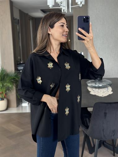 Siyah Göz Nakışlı Keten Aerobin Kadın Gömlek