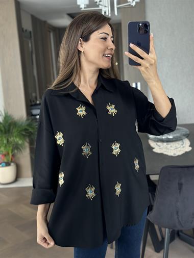 Siyah Göz Nakışlı Keten Aerobin Kadın Gömlek