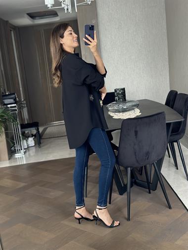 Siyah Göz Nakışlı Keten Aerobin Kadın Gömlek