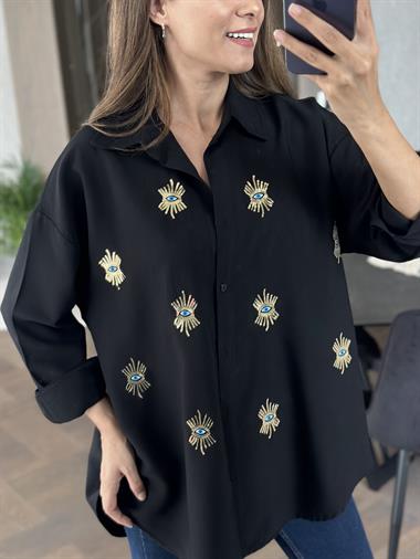Siyah Göz Nakışlı Keten Aerobin Kadın Gömlek