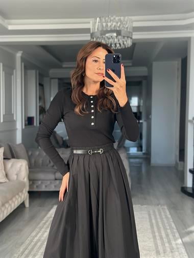 Siyah Gümüş Çıtçıtlı Uzun Kollu Kaşkorse Kadın Body