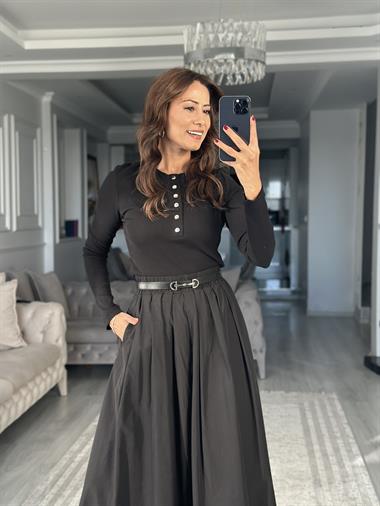 Siyah Gümüş Çıtçıtlı Uzun Kollu Kaşkorse Kadın Body