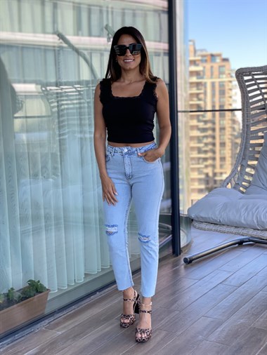 Siyah  Güpür Detay Kare Yaka Düğmeli Kadın Atlet