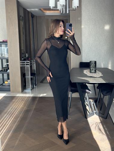 Siyah Hakim Yaka Astarlı Tül Kadın Elbise
