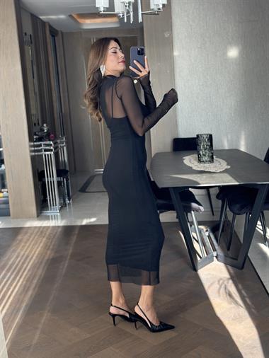 Siyah Hakim Yaka Astarlı Tül Kadın Elbise