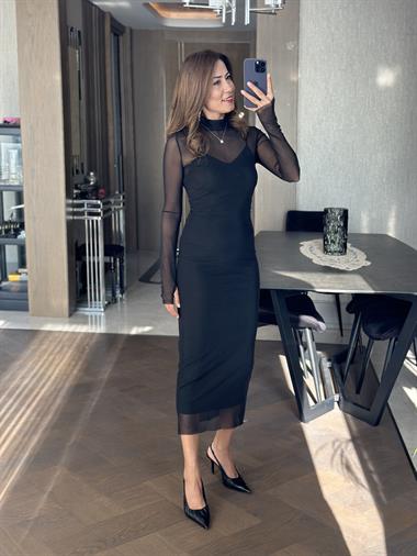 Siyah Hakim Yaka Astarlı Tül Kadın Elbise
