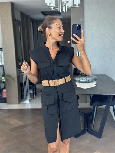 Siyah Hakim Yaka Kemerli Dört Cepli Keten Kadın Mini Elbise