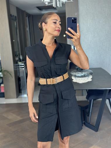 Siyah Hakim Yaka Kemerli Dört Cepli Keten Kadın Mini Elbise