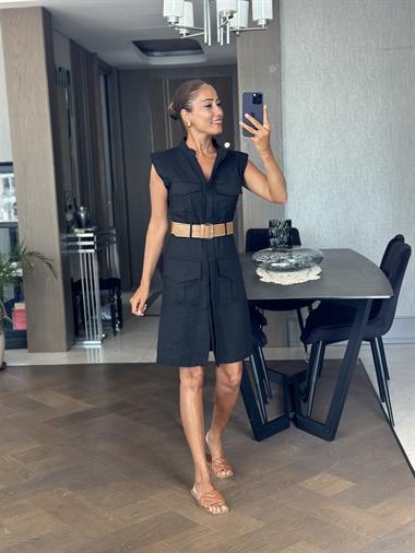 Siyah Hakim Yaka Kemerli Dört Cepli Keten Kadın Mini Elbise