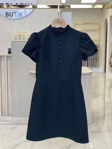 Siyah Hakim Yaka Lale Kol Kadın Mini Elbise 