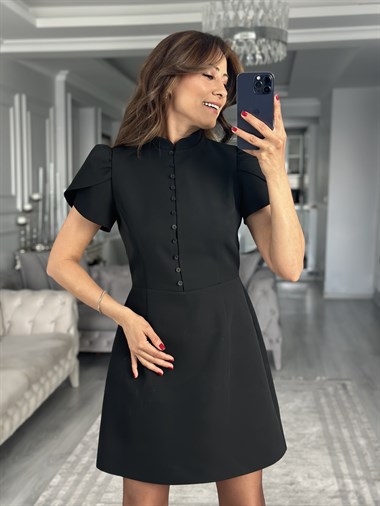 Siyah Hakim Yaka Lale Kol Kadın Mini Elbise 